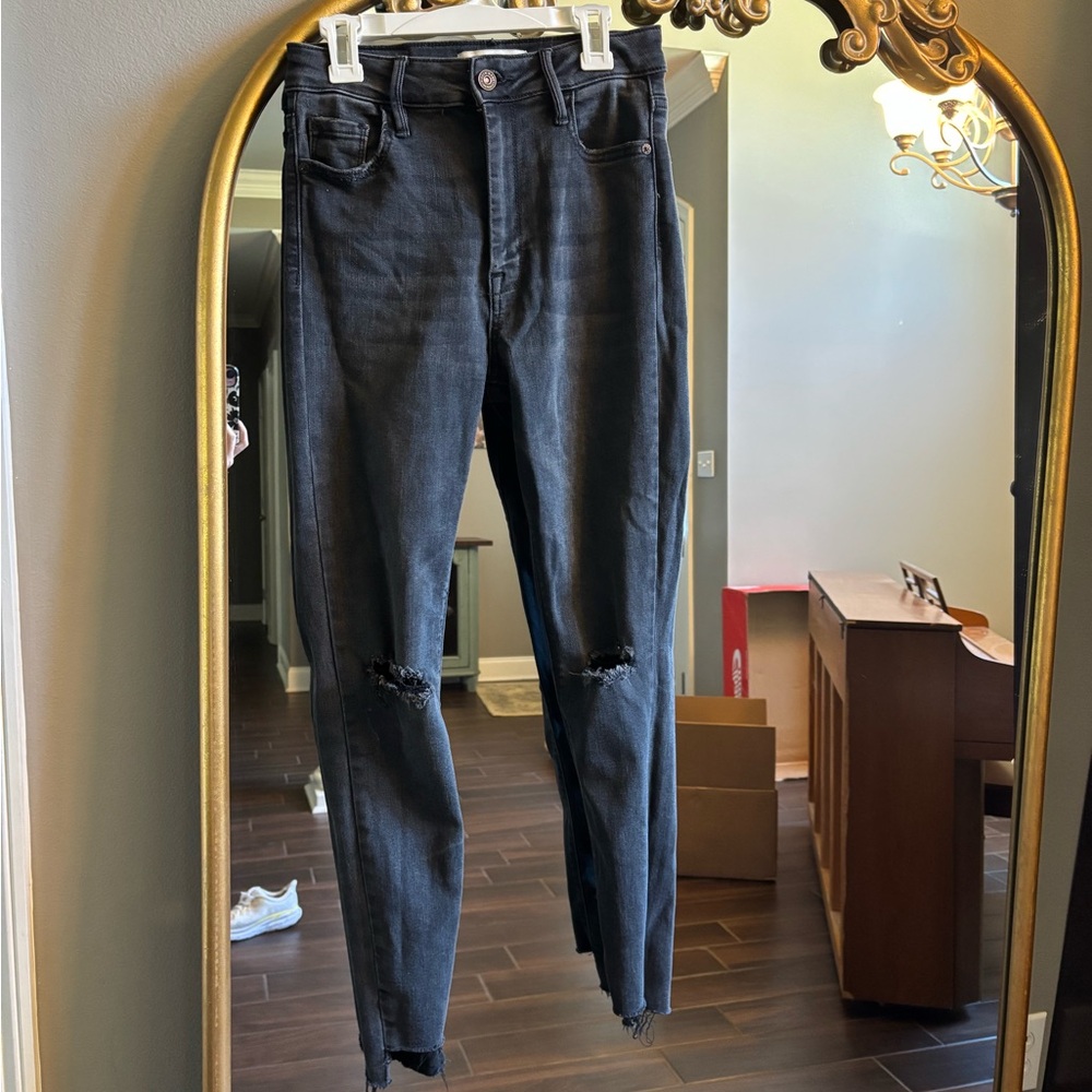 Hidden ripped high waist ankle skinny black jeans
